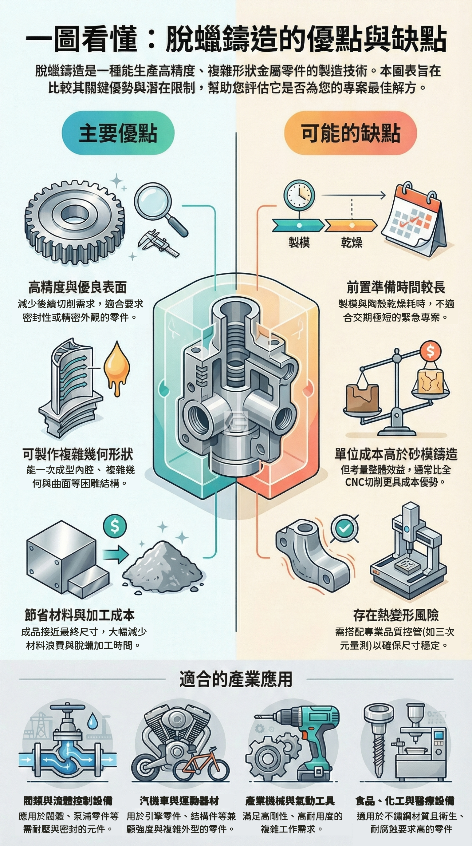 脫蠟鑄造是一種能生產高精度、複雜形狀金屬零件的製造技術。本圖表旨在比較其關鍵優勢與潛在限制，幫助您評估它是否為您的專案最佳解方。